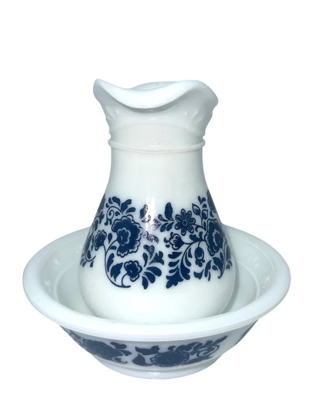 Vintage 1970s Avon Milk Glass Pitcher and Basin with Deft Blue Floral Pattern - Picture 3 of 8